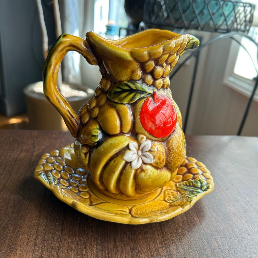 Vintage ARDCO miniature ceramic pitcher w/fruit 6 In Tall Handmade